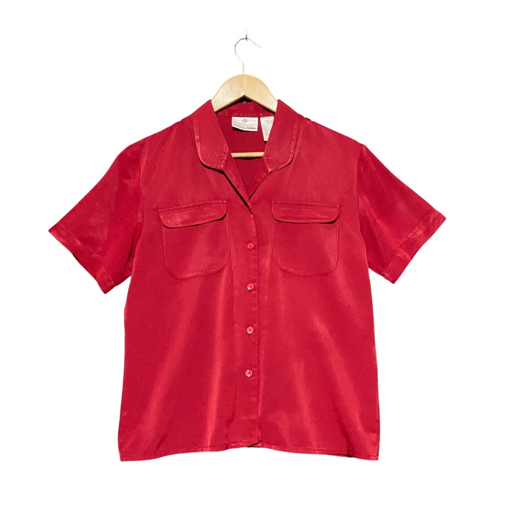 Worthington Essentials Petite 6P Red Button Down Short Sleeve Shirt Pockets Chic